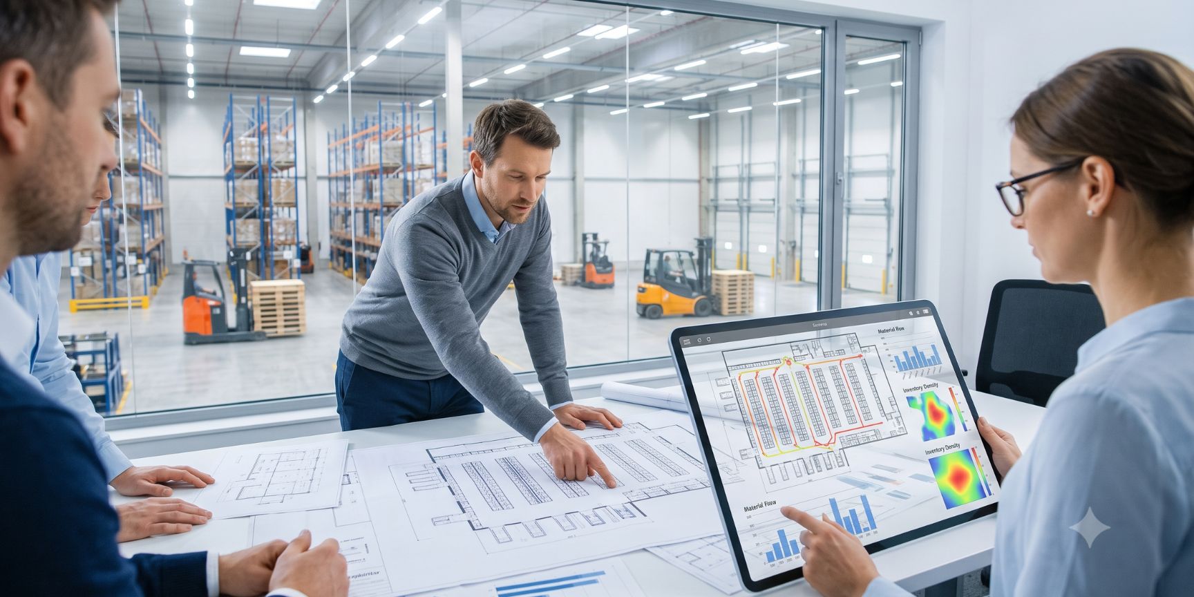 Logistikplaner analysiert Lagerlayout auf Bauplan und digitalem 3D-Modell für optimierten Materialfluss, Flächennutzung und effiziente Kontraktlogistik.